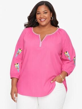 TALBOTS Plus Petite 3X 3XP Blouse Embroidered Parrots 3/4 Sleeve Cotton 50"